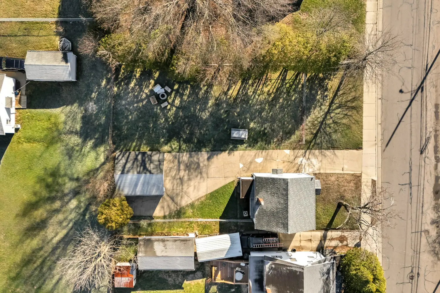 Overhead view of residential properties and rooftops