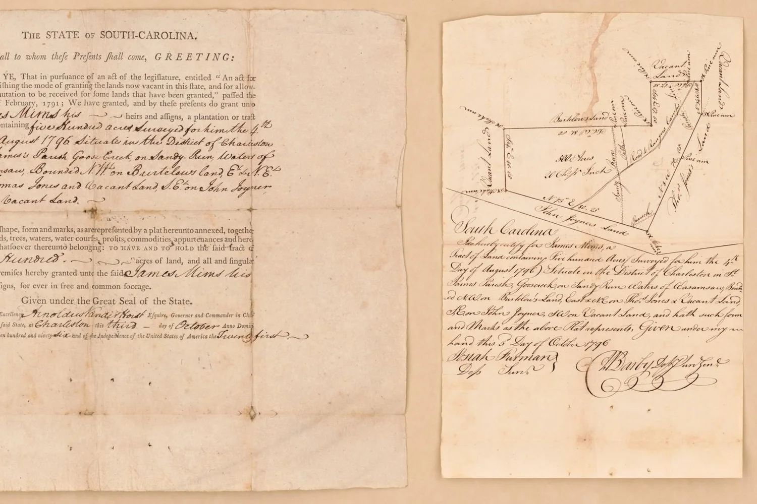 Historic South Carolina land grant with its handwritten survey plat