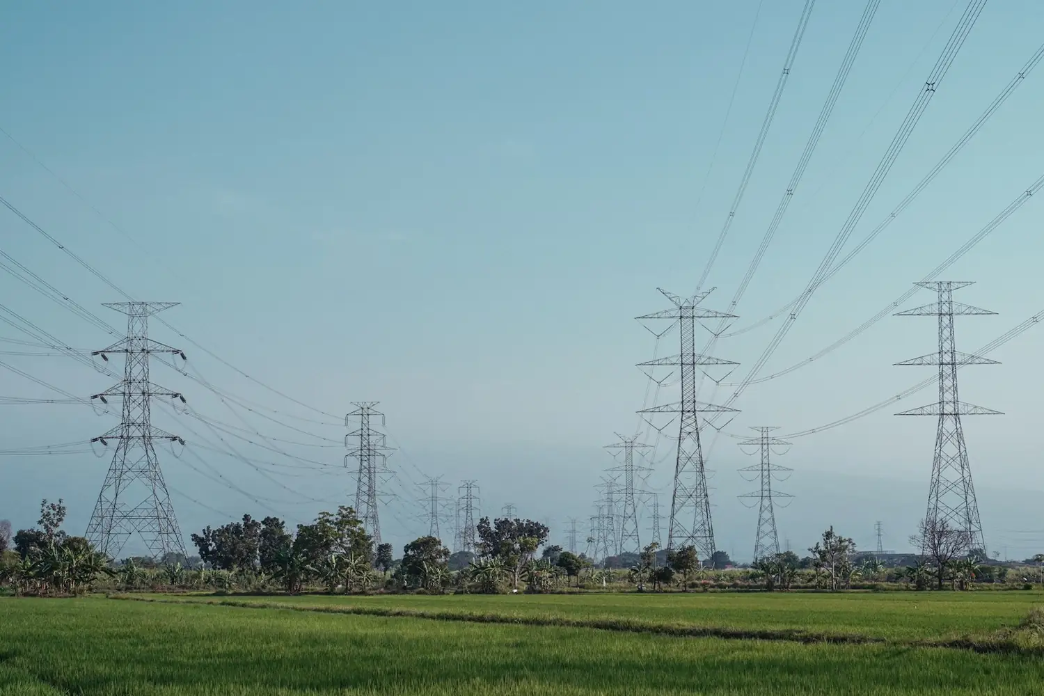 High-voltage transmission lines crossing agricultural land